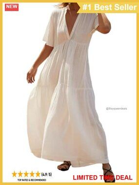 Cotton Maxi Dress Short Sleeve V-Neck Tiered Ruffle Flowy Summer Beach